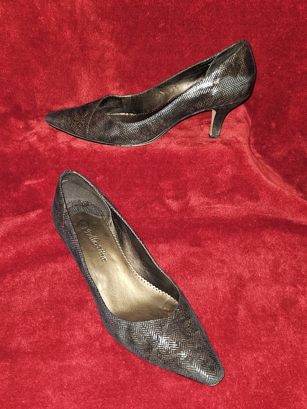 Bella Vita Bronze & Black Herringbone Pattern Pointed Toe Mid-Heel Pumps-Size 11